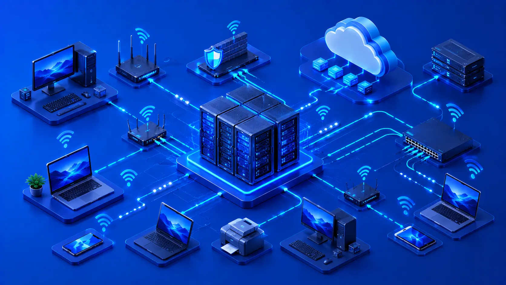 Illustration showing multiple devices connected through a computer network.