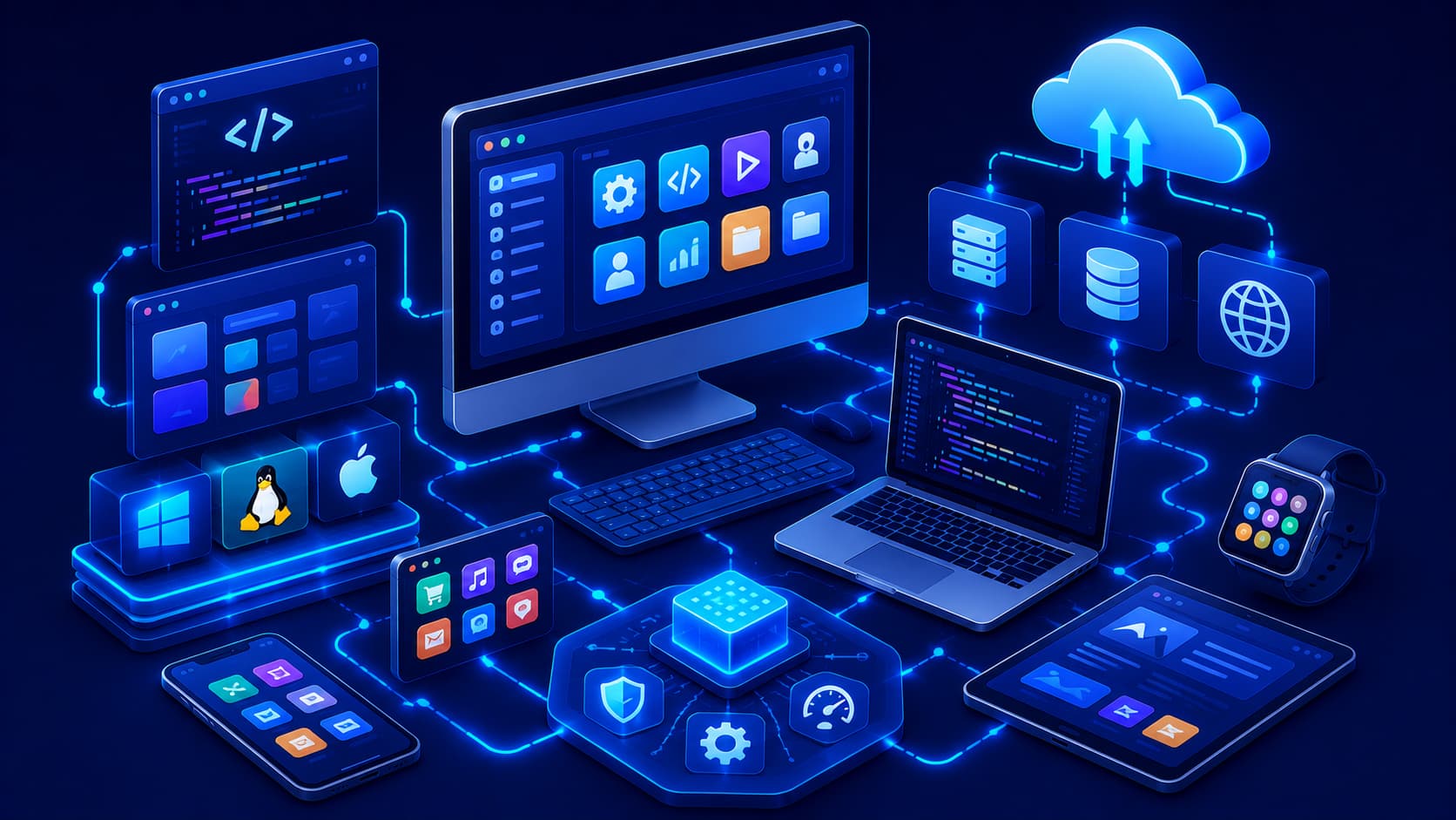 Illustration showing software powering computers, mobile devices, and digital services.
