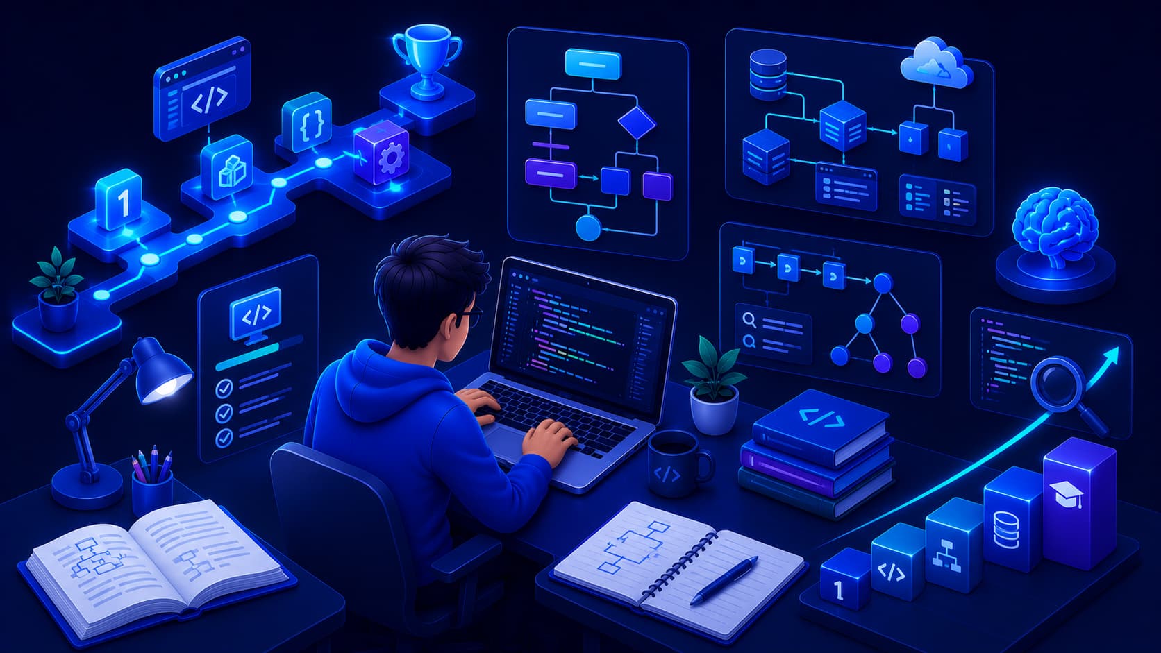 Illustration showing a beginner following a structured roadmap to learn programming.