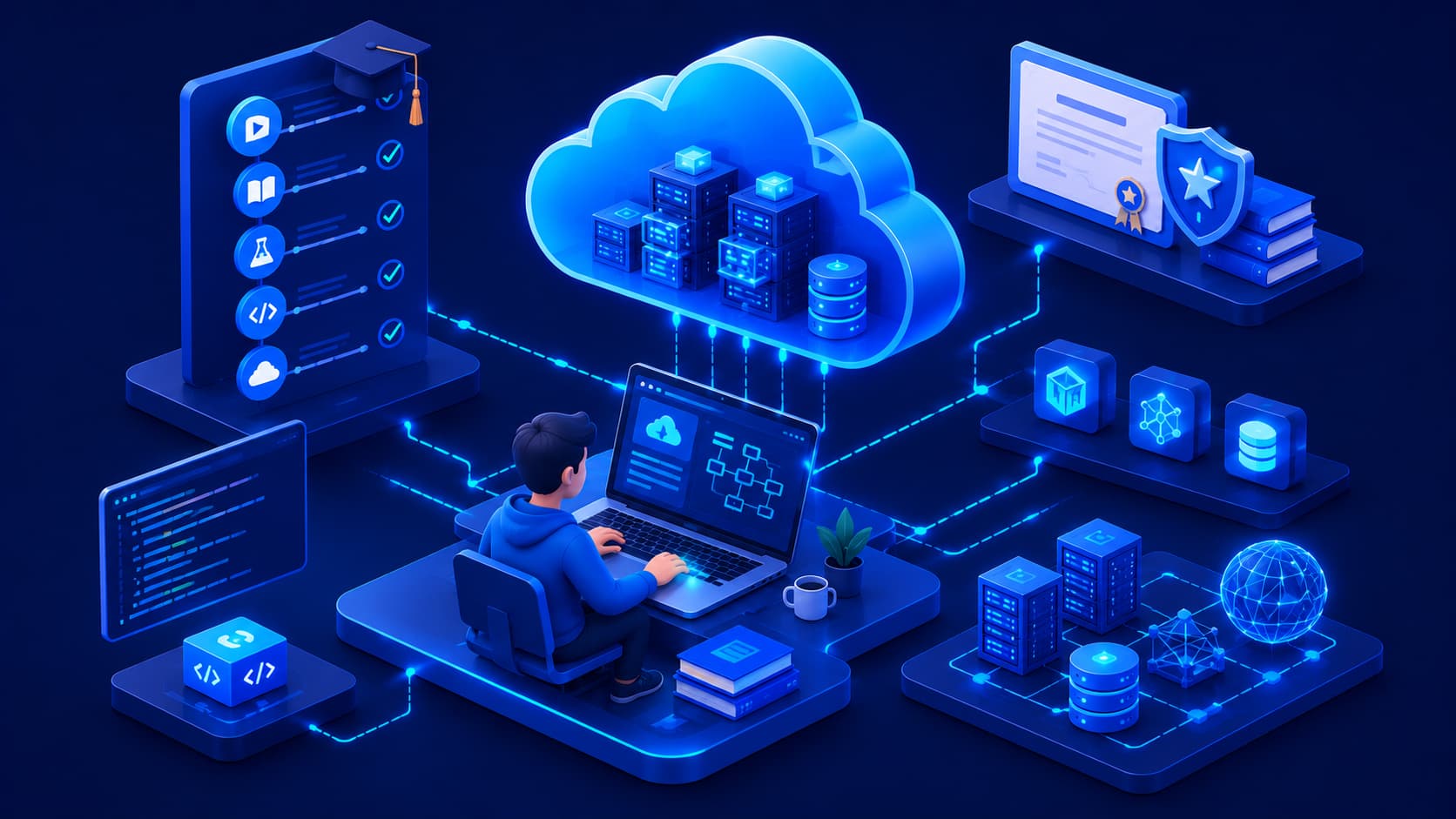 Illustration showing a beginner learning cloud computing through a structured roadmap.
