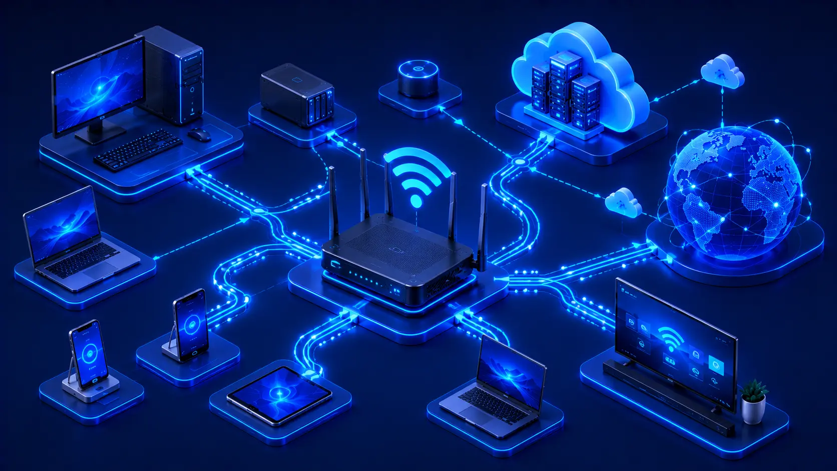 Illustration showing a router connecting multiple devices to a local network and the internet.