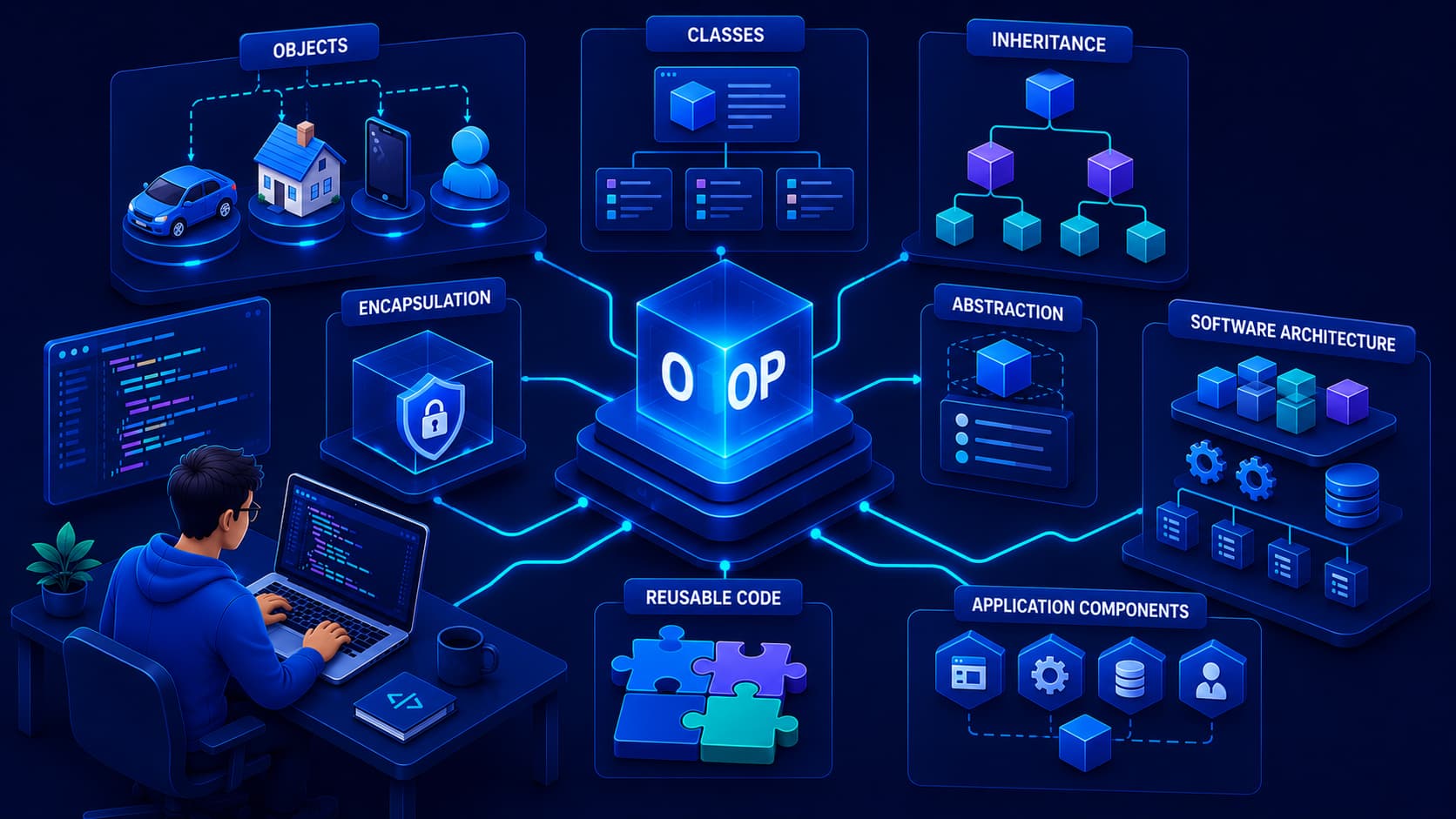 Illustration showing Object-Oriented Programming organizing software into reusable objects and classes.