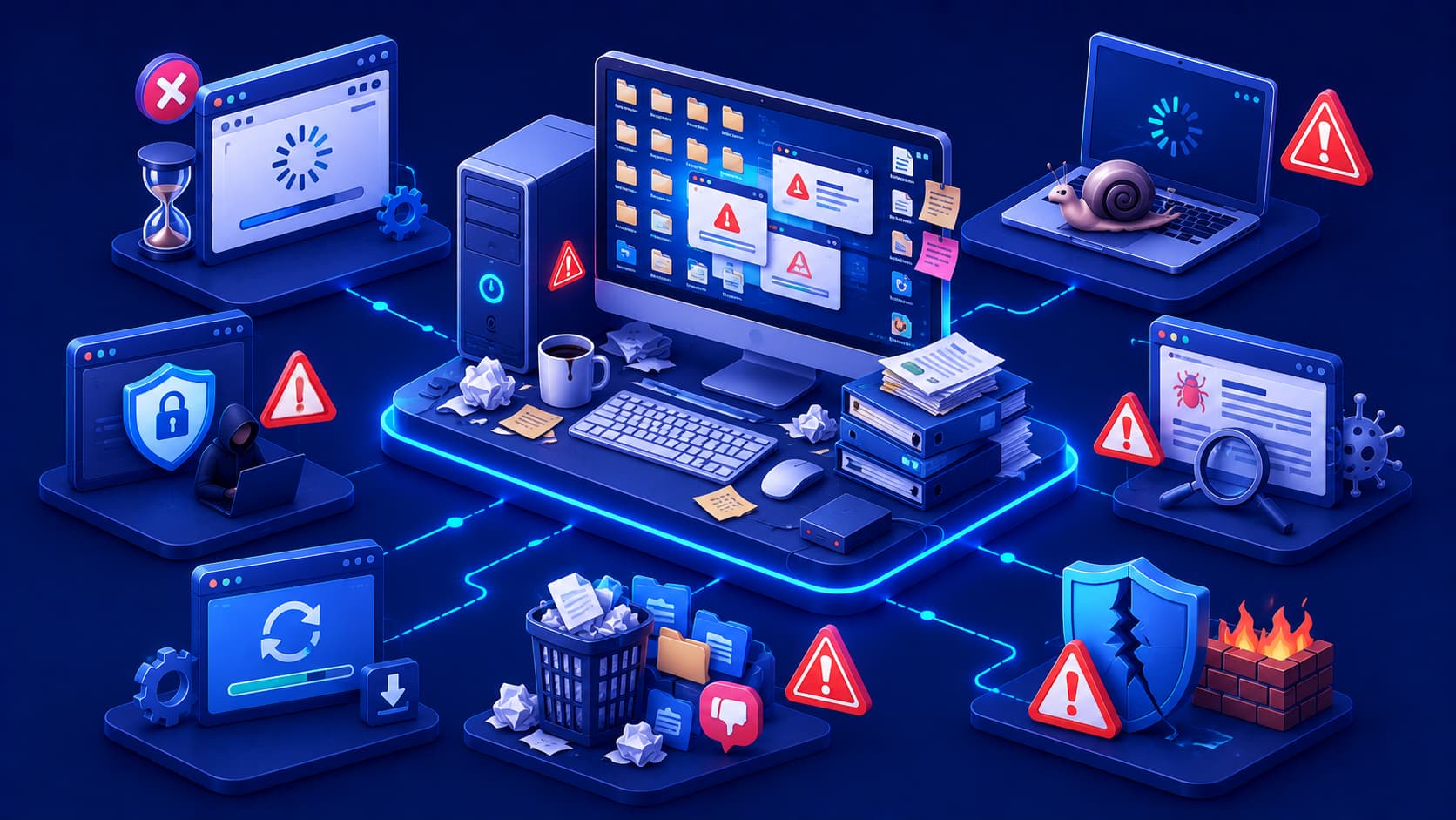 Illustration showing common software mistakes affecting performance and security.