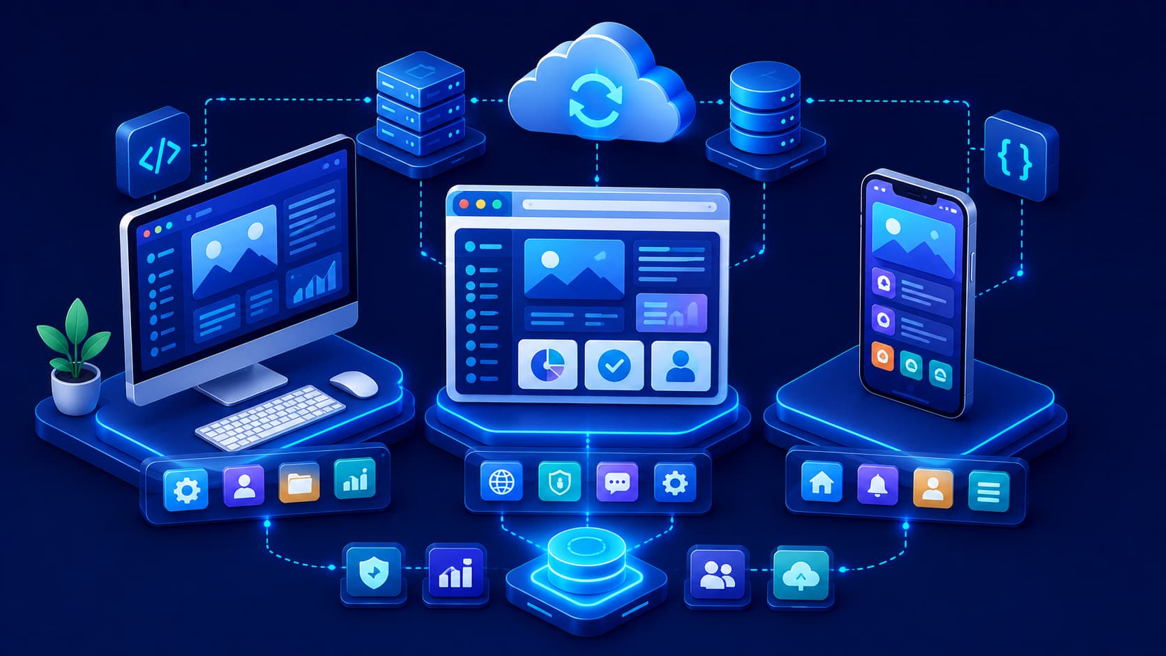 Illustration comparing desktop applications, web applications, and mobile applications.