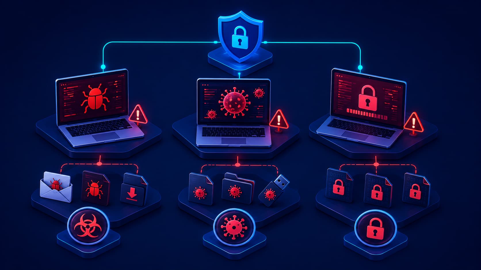 Illustration comparing malware, viruses, and ransomware in cybersecurity.