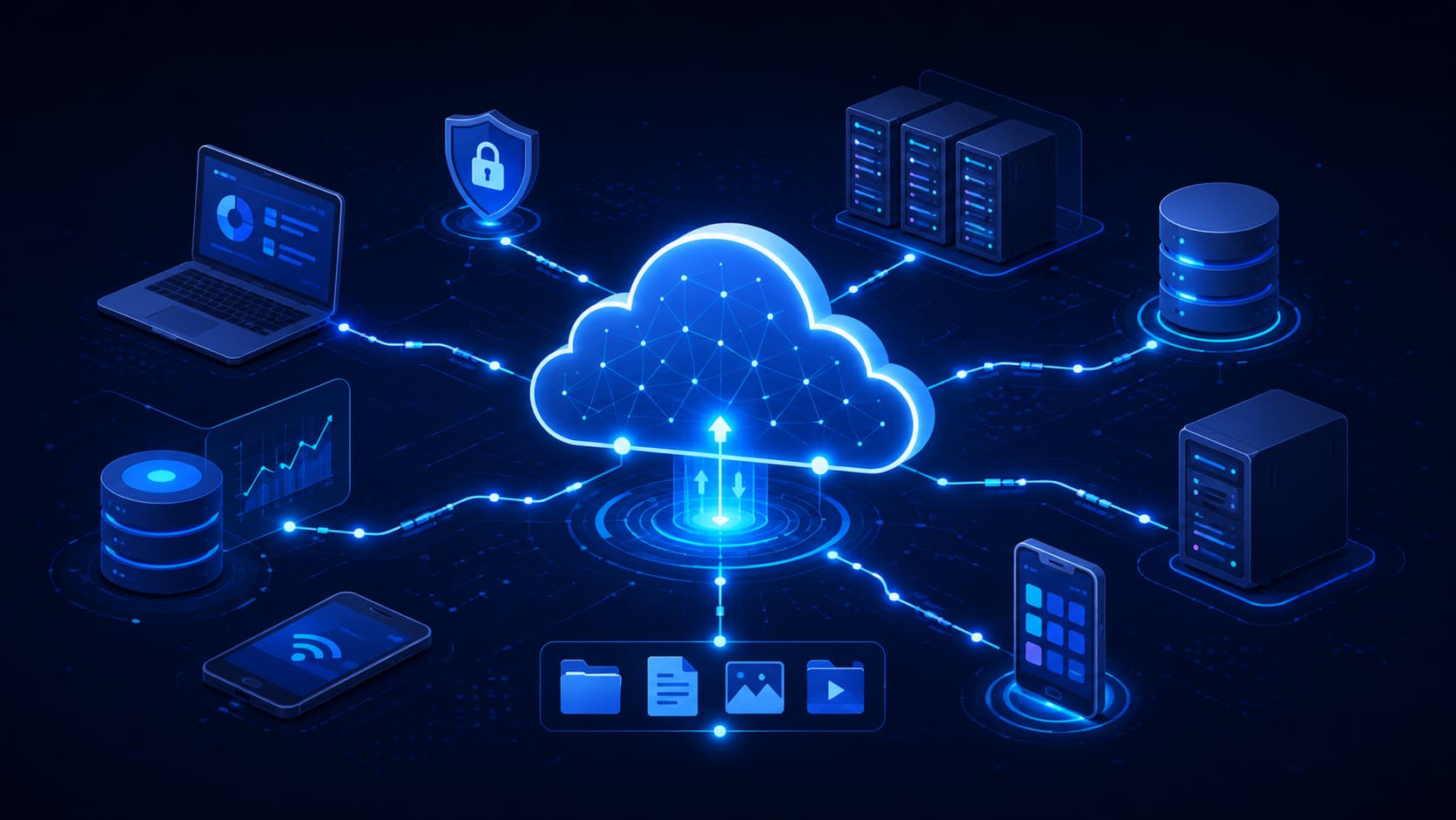 Illustration showing cloud computing connecting multiple devices through the internet.