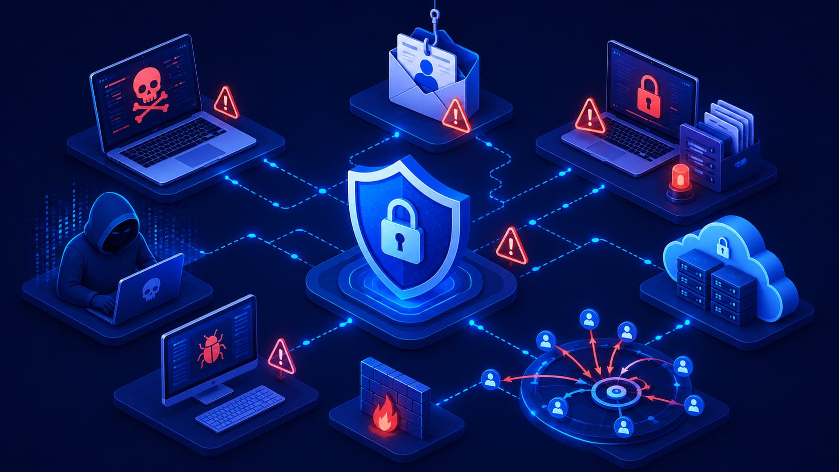 Illustration showing common cybersecurity threats targeting digital devices and networks.