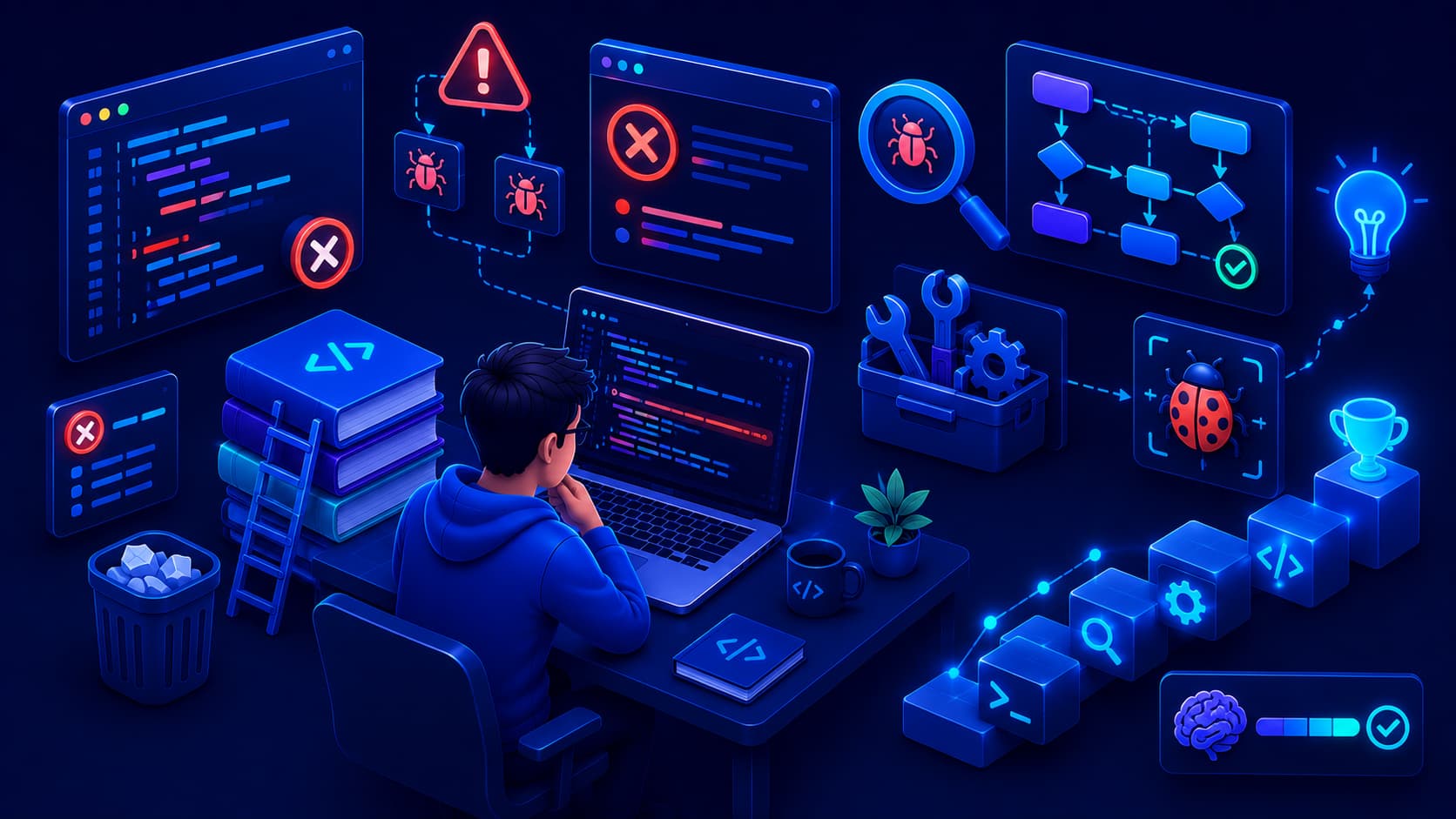 Illustration showing common programming mistakes and the debugging process.