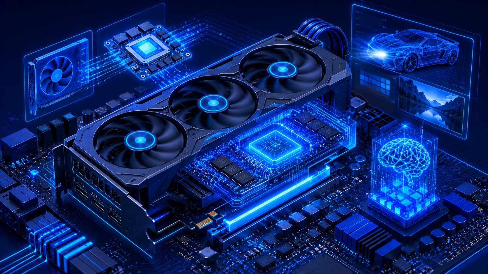 Illustration showing a graphics processing unit installed inside a modern computer.