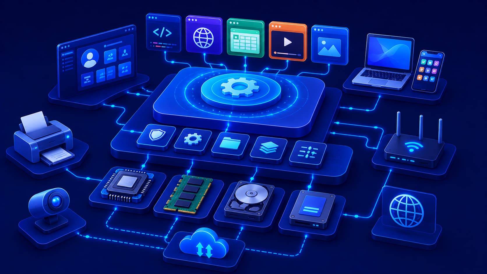 Illustration showing an operating system coordinating hardware and software resources.