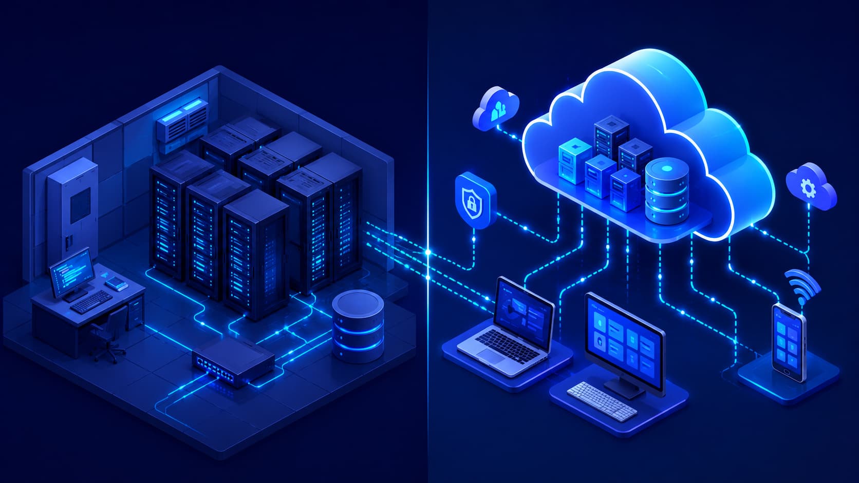 Illustration comparing traditional on-premises infrastructure with cloud computing.