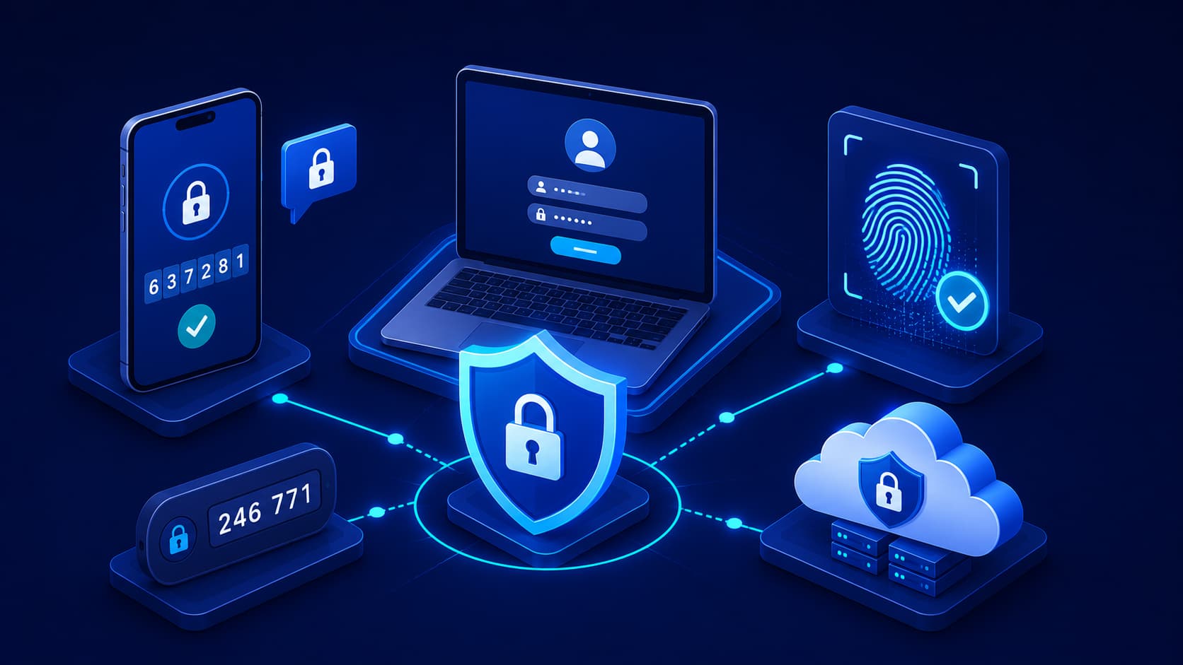 Illustration showing multi-factor authentication protecting online accounts with multiple verification methods.