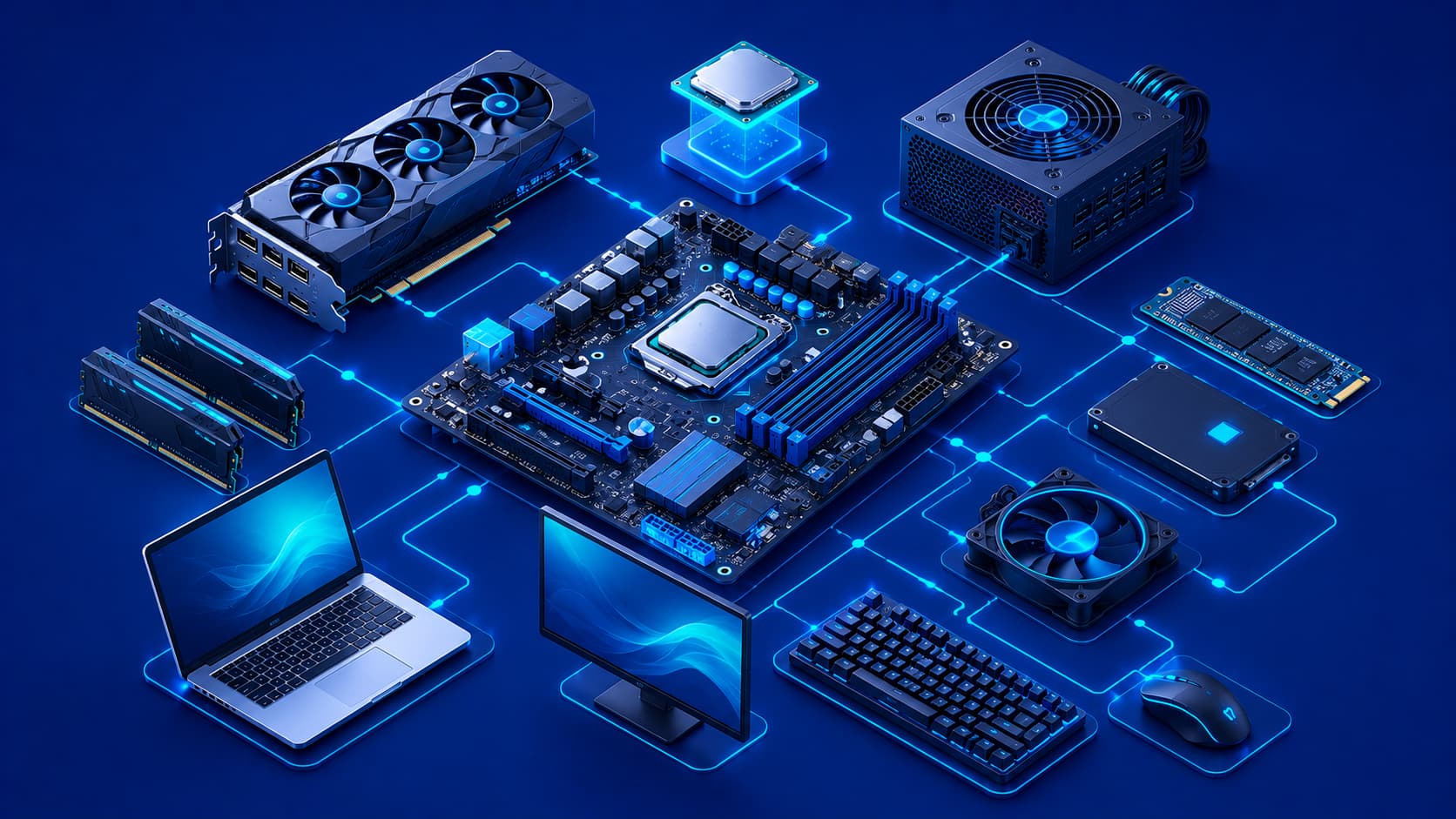 Illustration showing the main hardware components of a modern computer.
