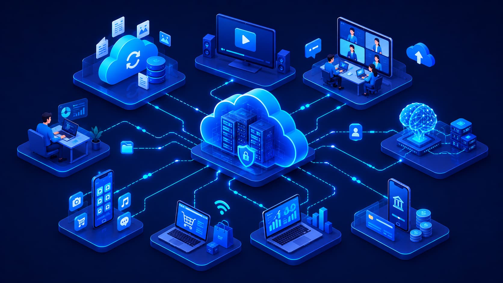 Illustration showing common real-world applications of cloud computing.