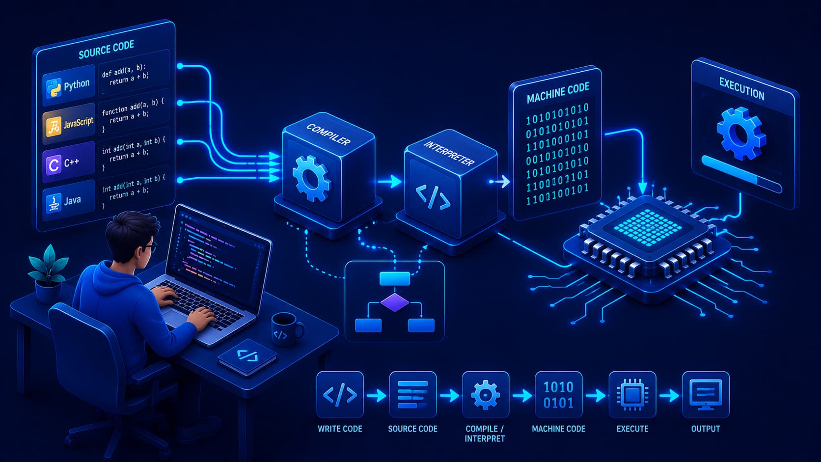 Illustration showing how programming languages are translated into instructions that computers can execute.