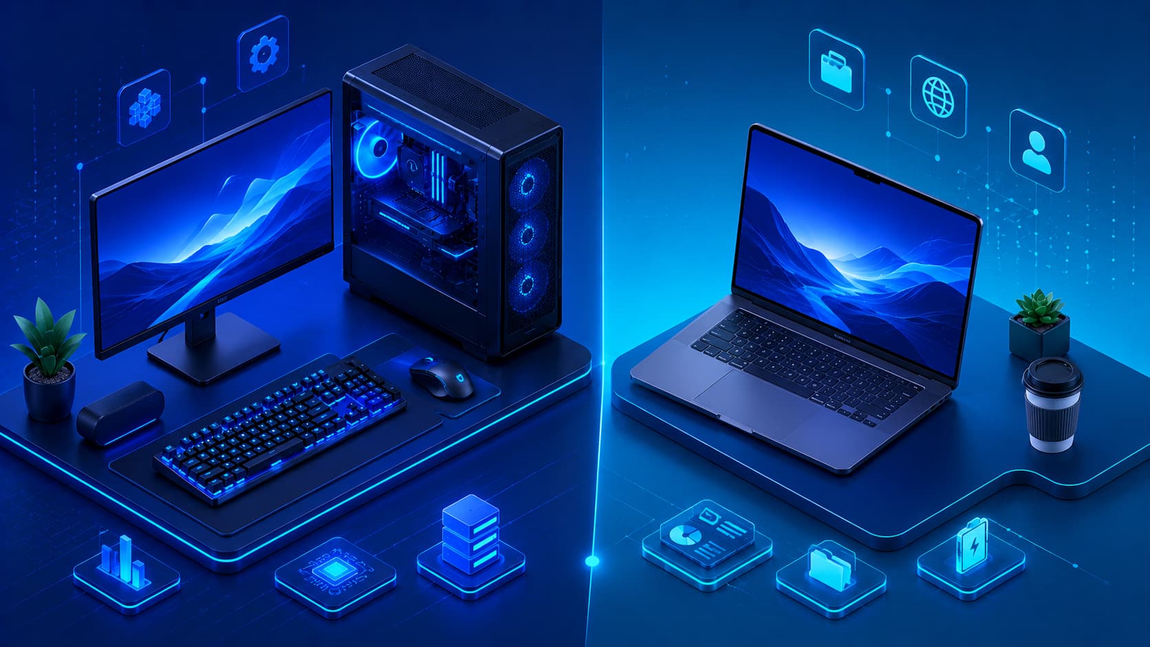 Illustration comparing a desktop computer and a laptop.