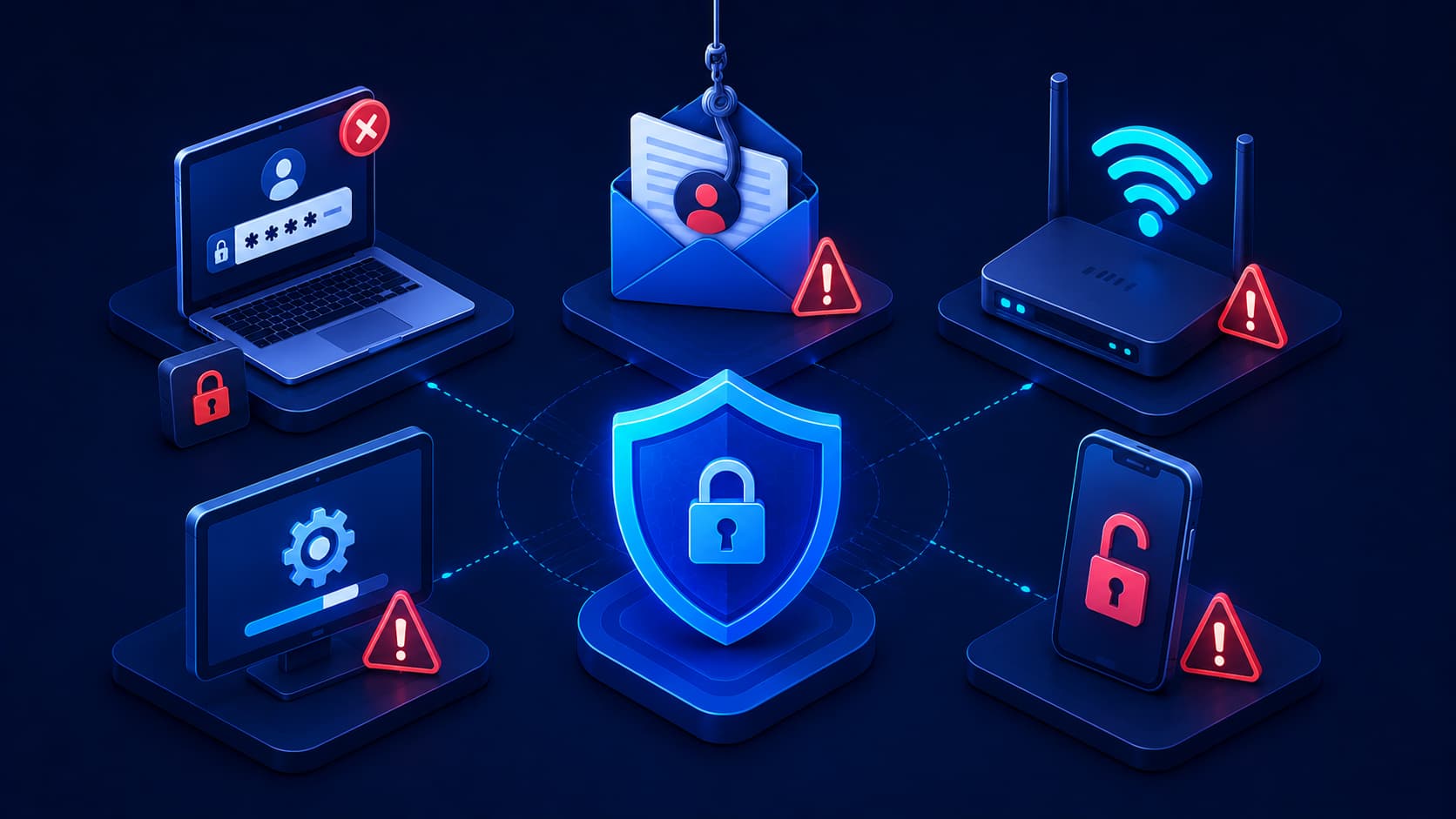 Illustration showing common cybersecurity mistakes and digital security best practices.