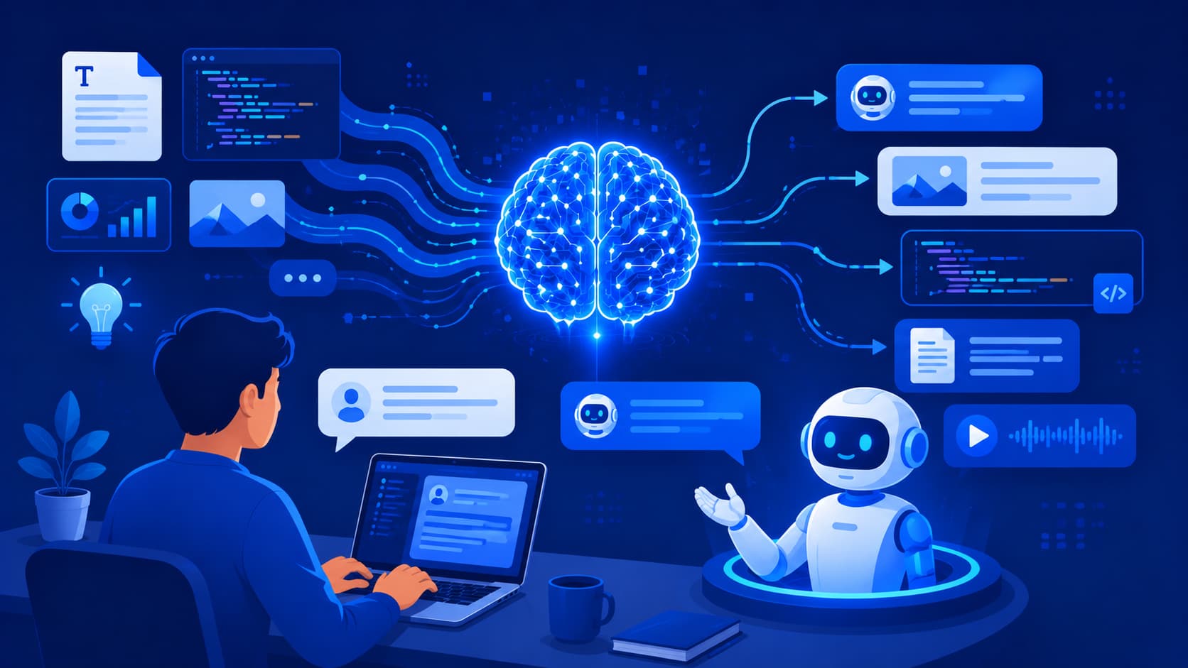 Illustration showing a user writing prompts to communicate with an AI assistant.