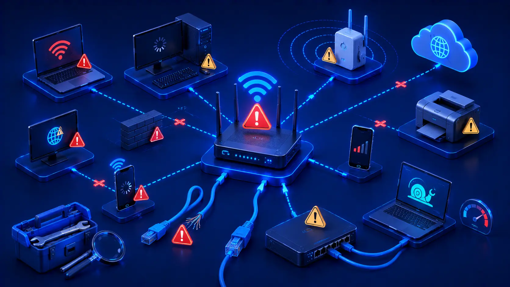 Illustration showing common computer network problems and troubleshooting.