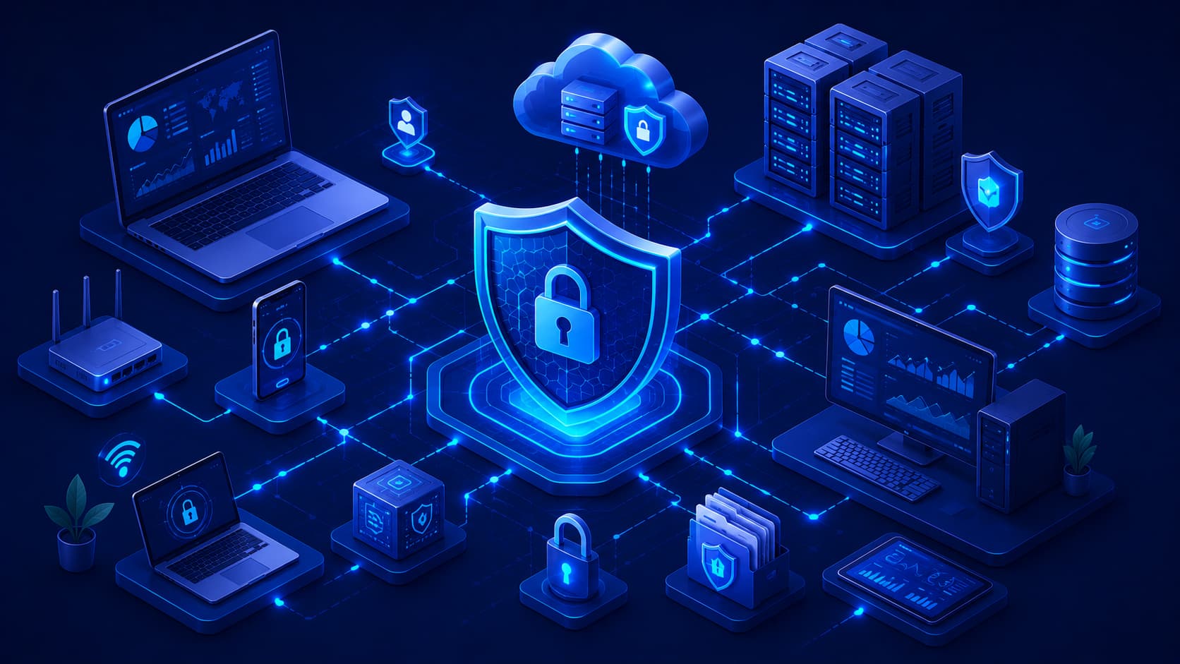 Illustration showing network security protecting connected devices and data.
