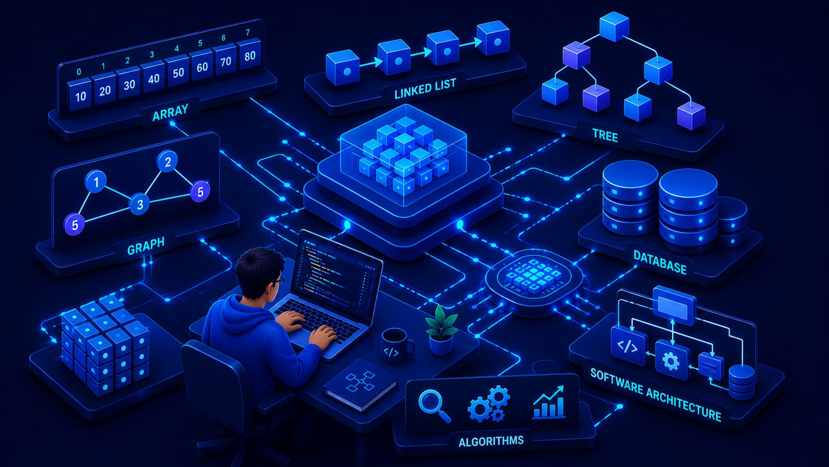 Illustration showing data structures organizing information for efficient software processing.