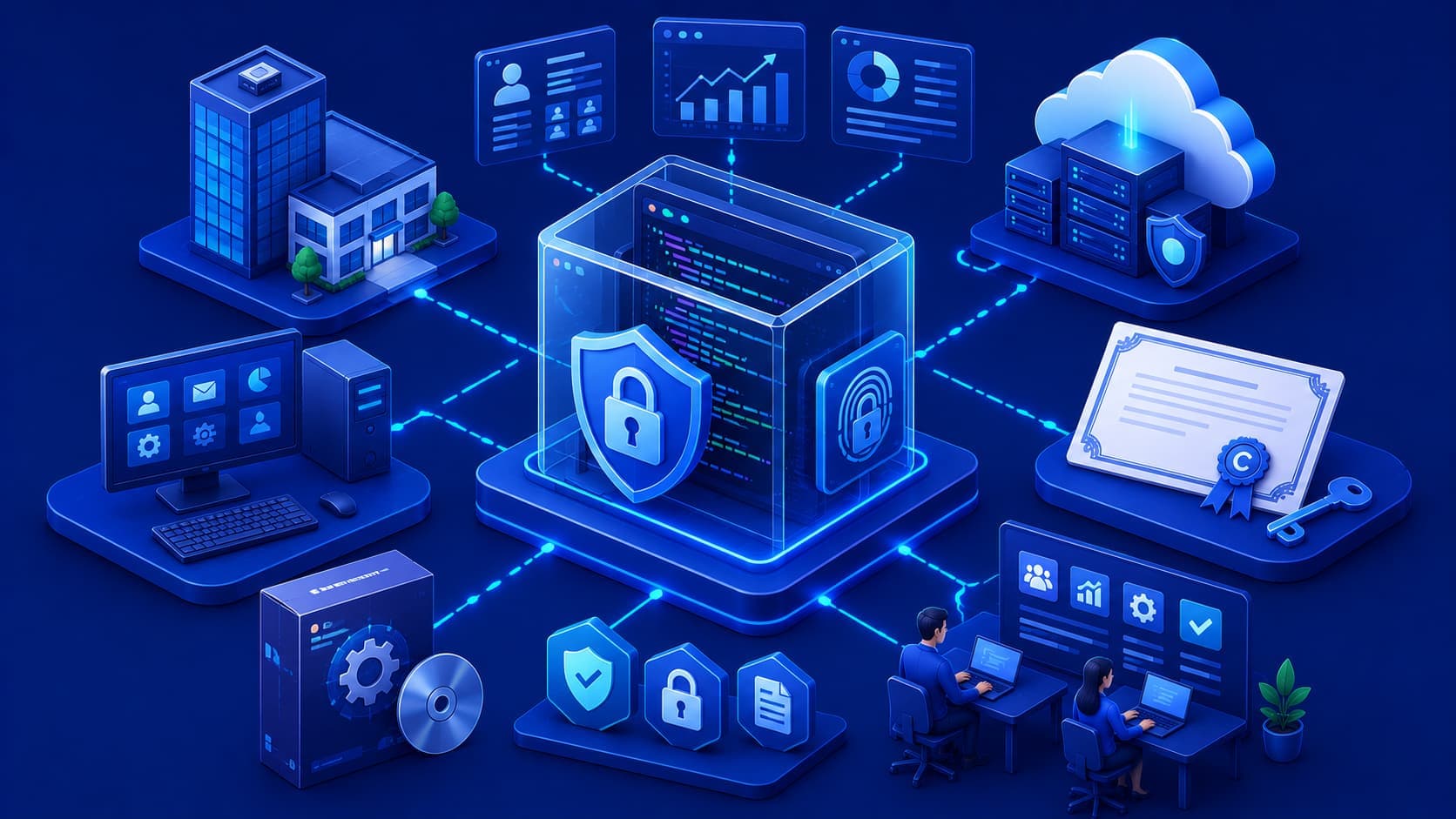 Illustration showing proprietary software protected by licensing and controlled development.