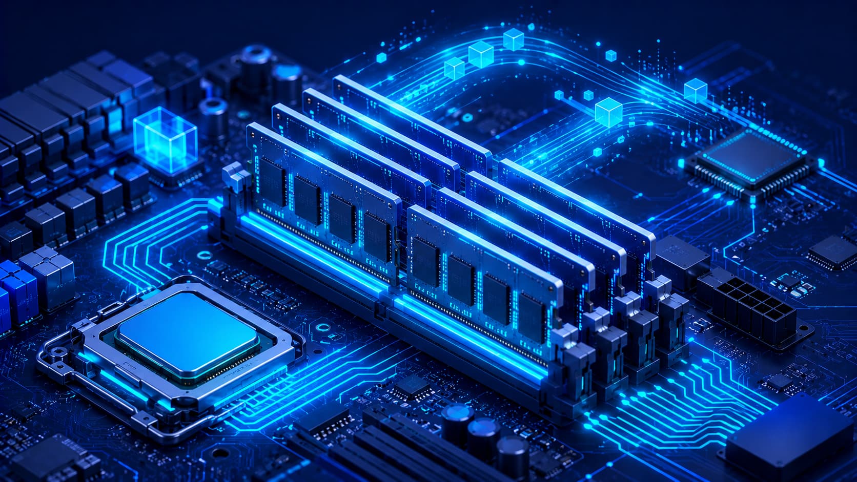 Illustration showing RAM modules installed on a computer motherboard.