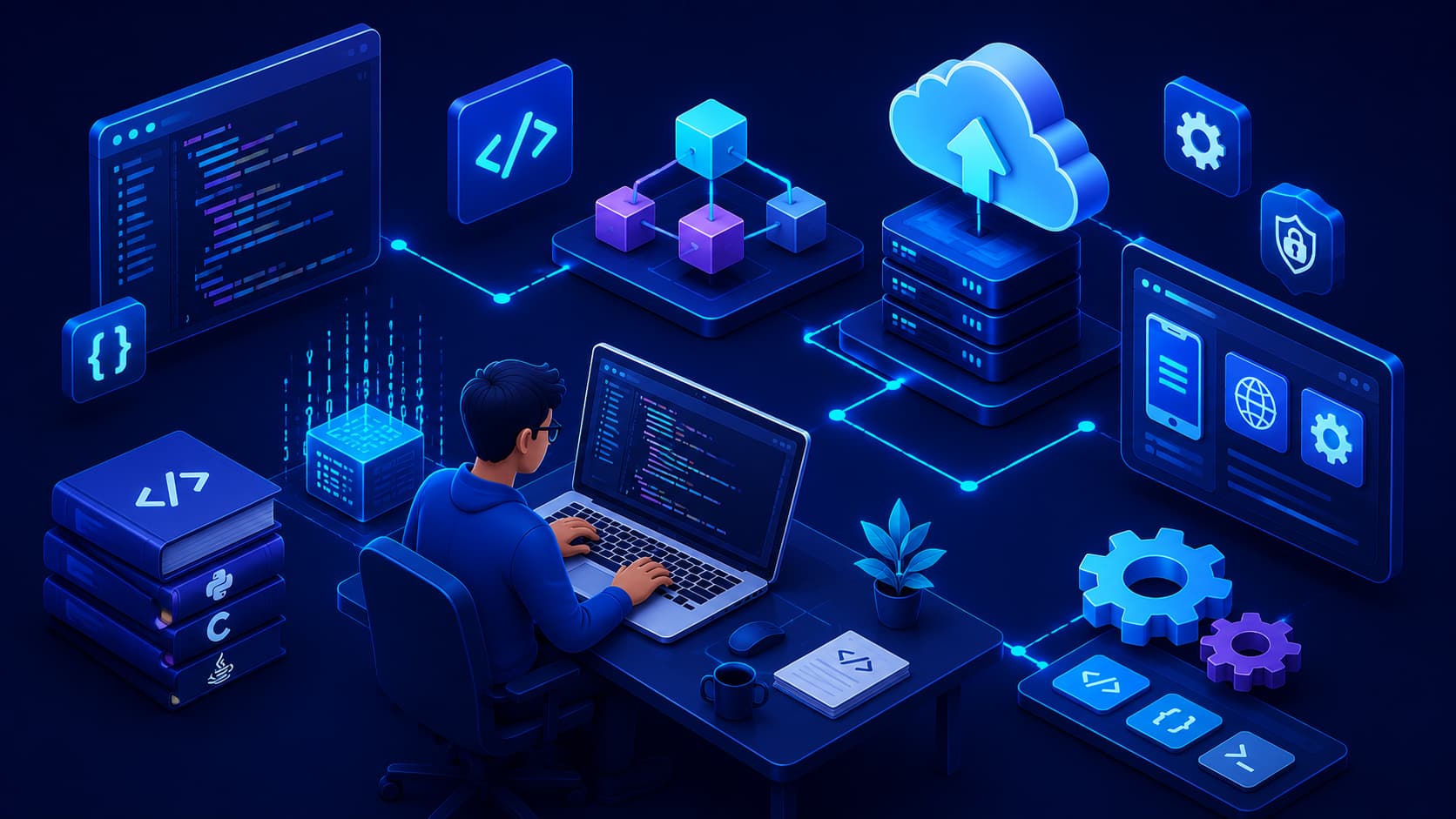 Illustration showing a programmer writing code to build modern software applications.