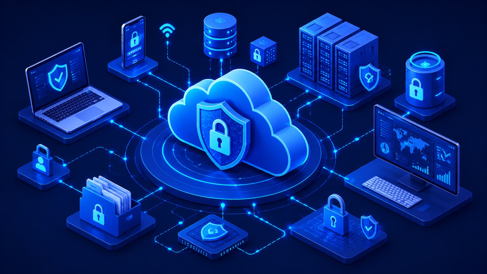 Illustration showing cloud security protecting data with encryption and secure cloud infrastructure.
