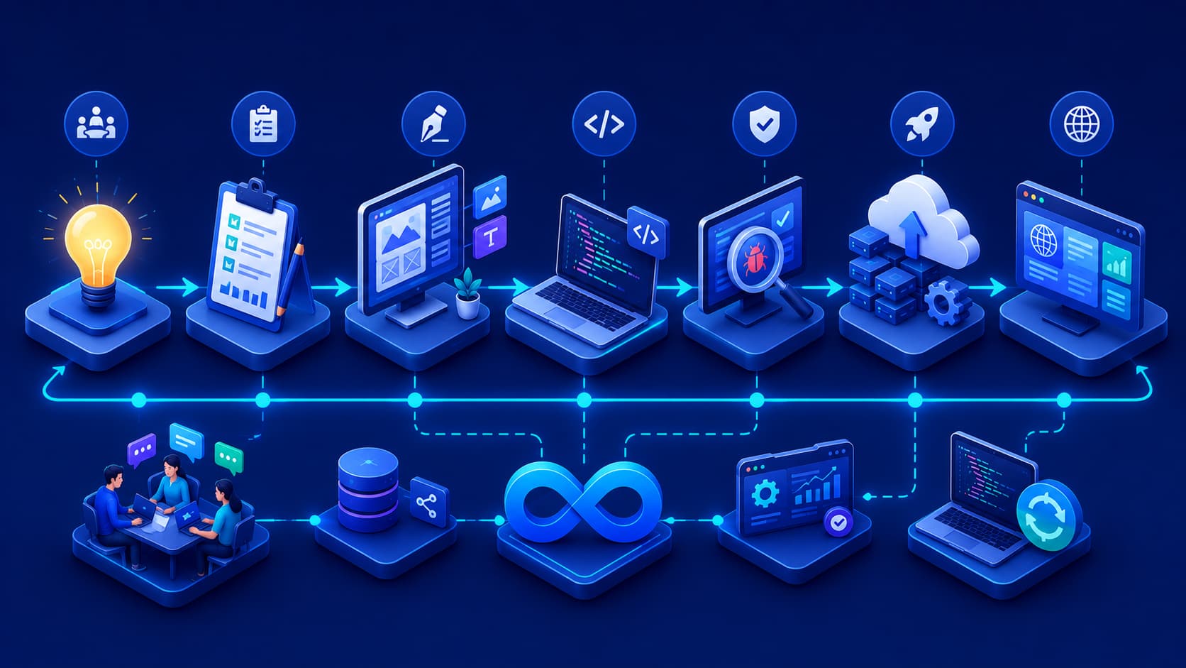 Illustration showing the software development lifecycle from planning to deployment.