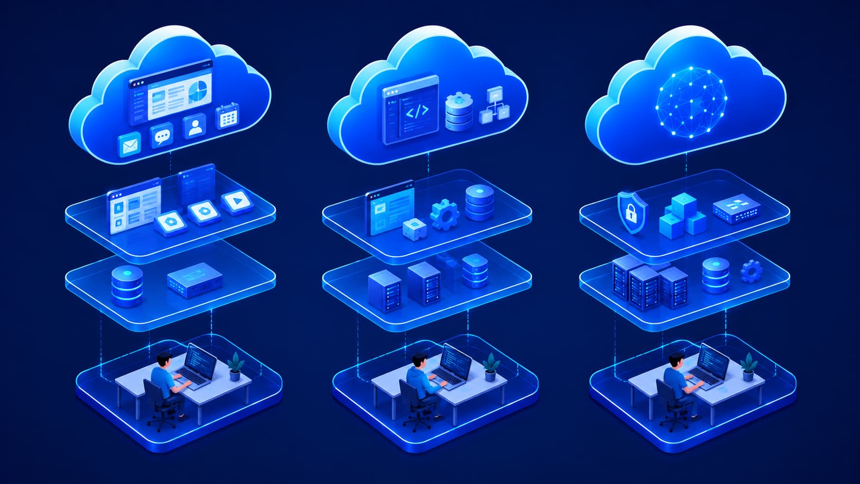 Illustration comparing SaaS, PaaS, and IaaS cloud service models.