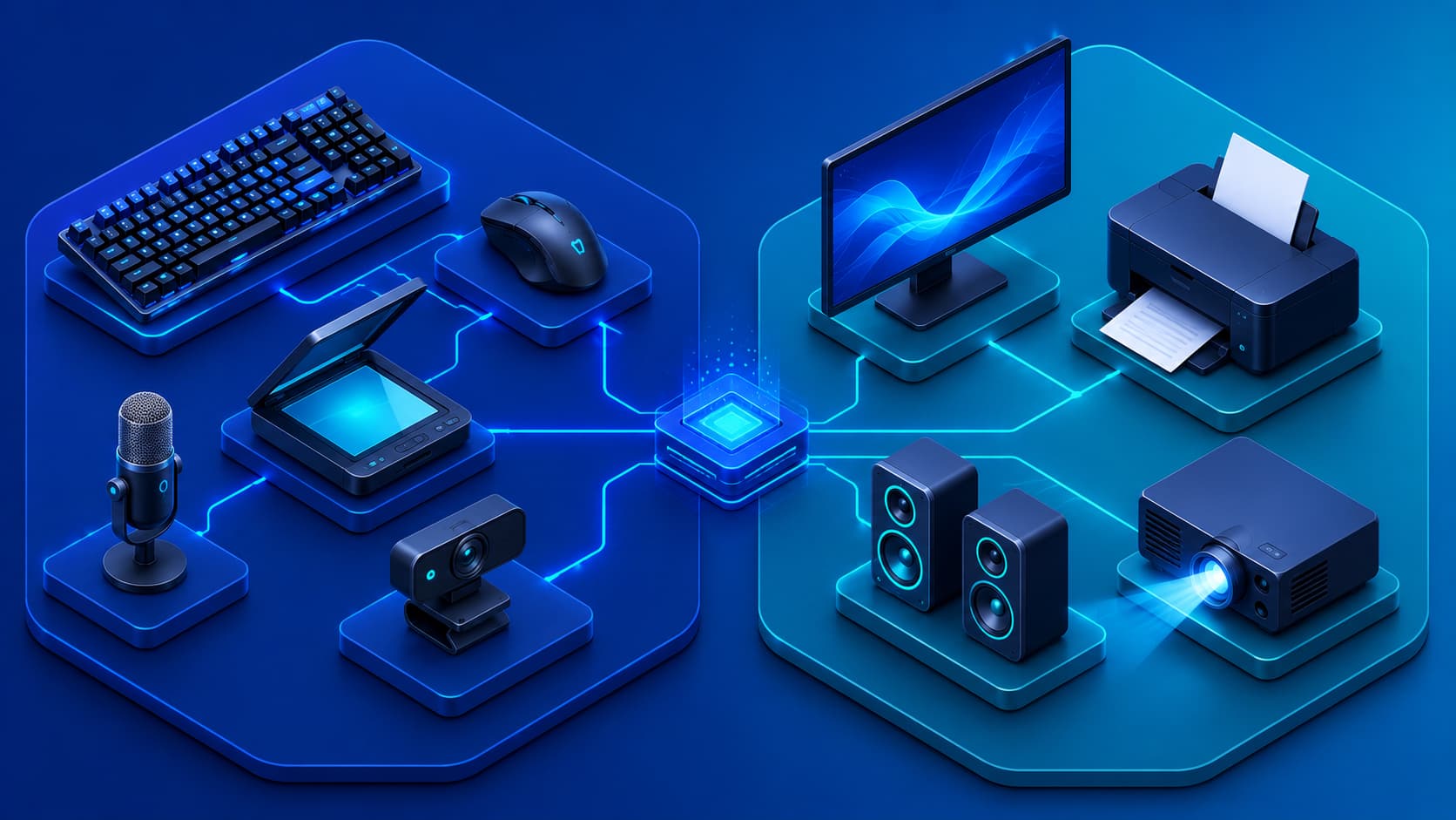 Illustration comparing computer input devices and output devices.