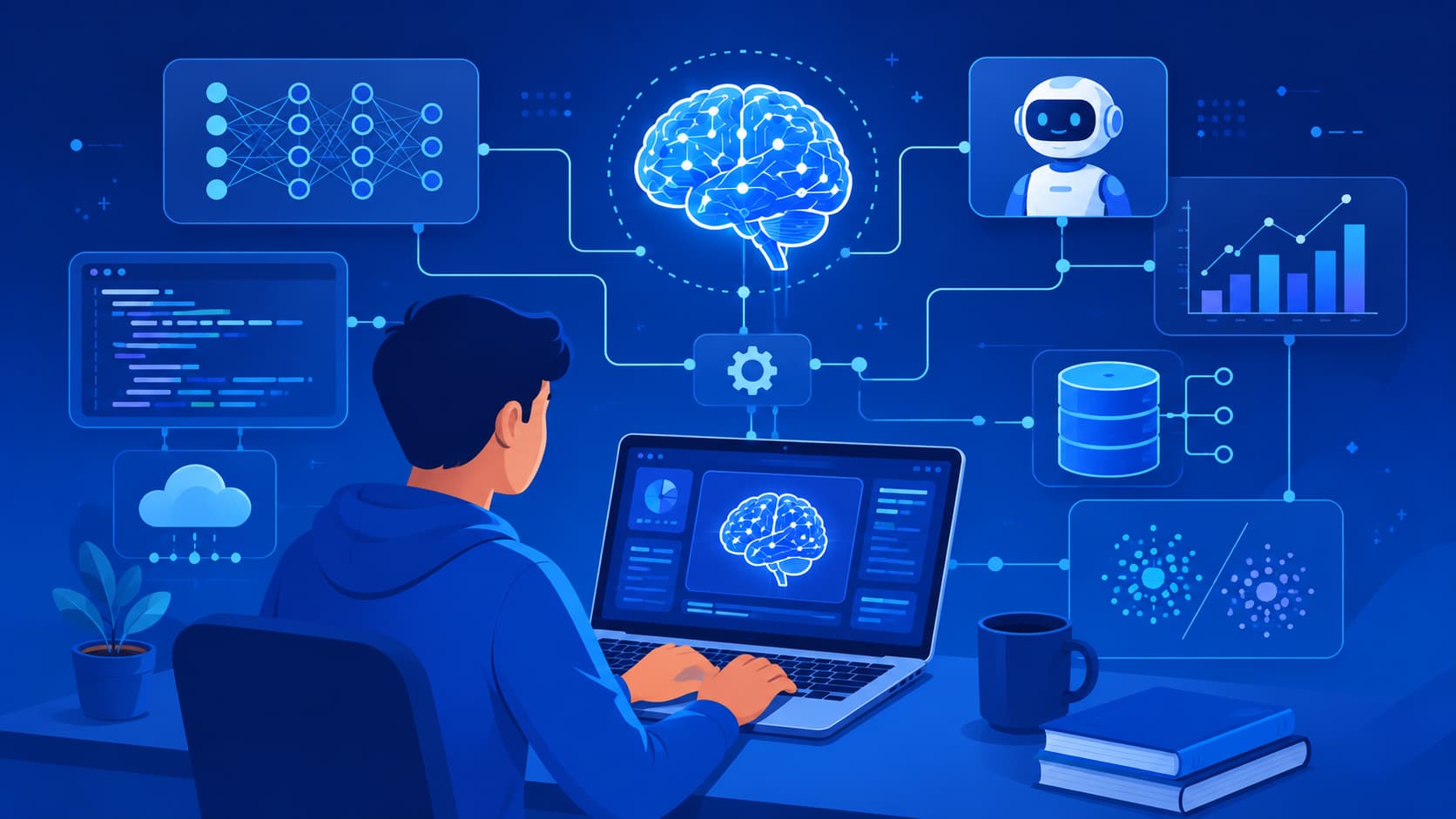 Illustration of a beginner learning artificial intelligence using a laptop.
