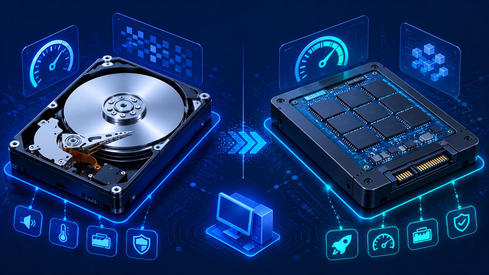 Illustration comparing a traditional hard disk drive and a modern solid-state drive.